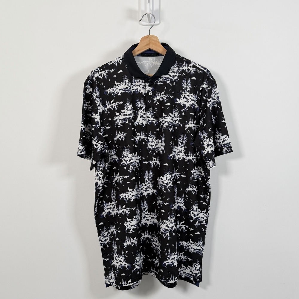 Greyson Polo Shirt Mens Large Wolf Wilderness Print Performance Stretch Golf - Picture 2 of 8